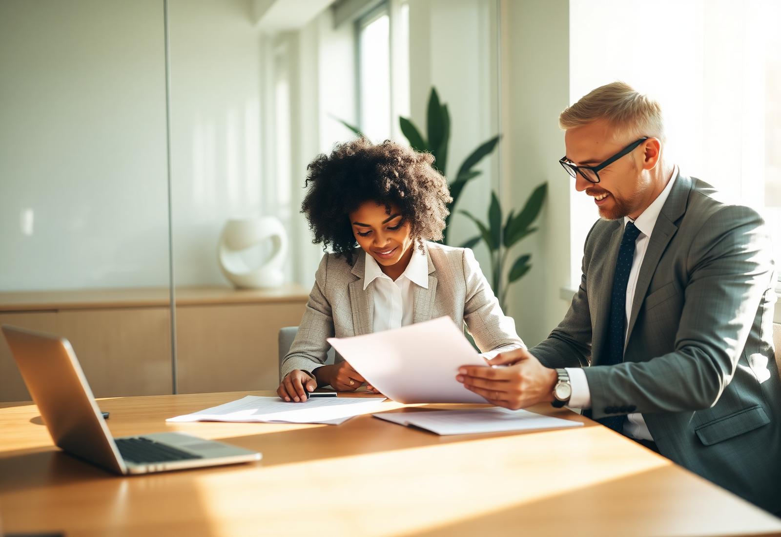 Business owner and HR director reviewing a 401(k) plan with a fiduciary advisor
